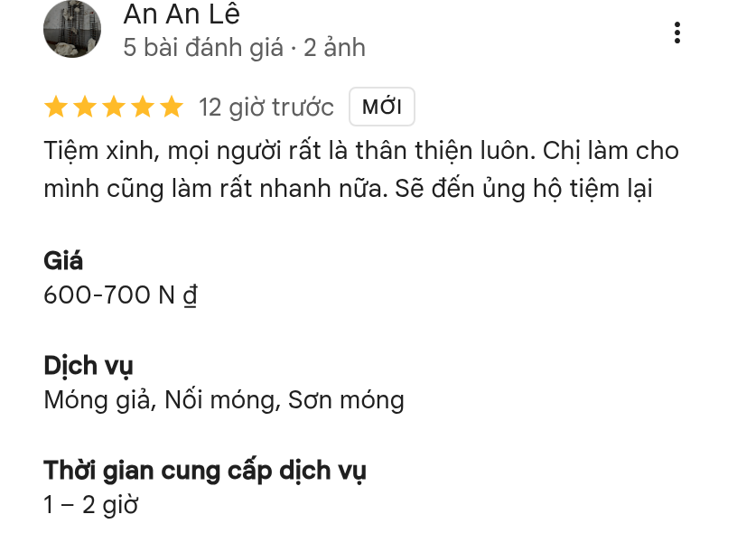 Khách An An Lê đánh giá 5 sao Chuppy Nails trên Google